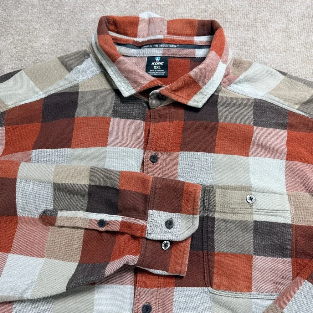 Kuhl Mens XXL Plaid Flannel Button Down Shirt Orange Brown Born In Mountains - Picture 9 of 10